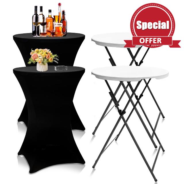 Camp Field 2 Packs Round Folding Cocktail Tables with Black Covers