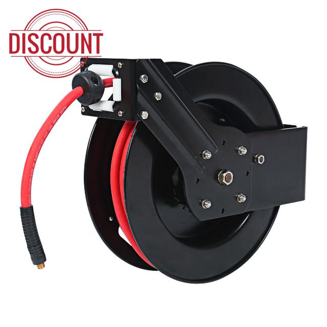 MaxWorks 50 Foot Auto Rewind Retractable Air Hose Reel with 3/8" Rubber Hose 250 PSI Heavy Duty Steel Spring Multi Position Ratchet and Solid Brass Fittings for Garage and Workshop (80720)