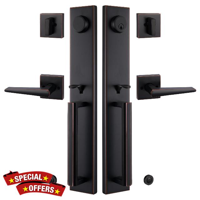 NEWBANG Double Door Handleset for Exterior Front Door in Aged Bronze Finish (Keyed and Dummy Handleset)