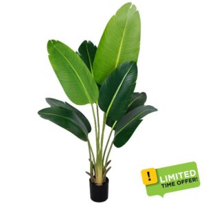 Artificial Bird of Paradise Plant 4Ft Fake Tropical Palm Tree with 8Trunks Faux Banana Leaf Trees in Pot for Home Indoor Outdoor Office Modern Decor Housewarming Gift（1Pcs）