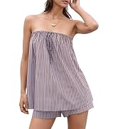 KOLAOYEP Women Striped Tube Top Shorts Set - Drawstring Strapless Top and Shorts Set Loose Fit Su...