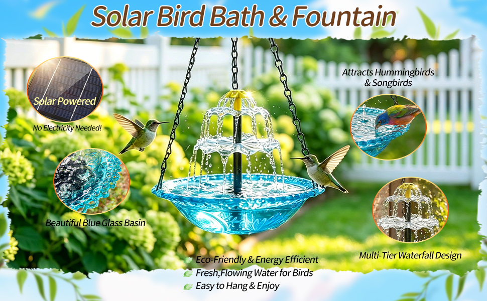 hanging bird bath with solar fountain