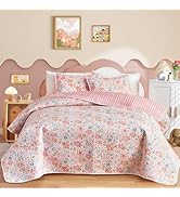 Joyreap 3 Pieces Cotton Quilt Set Full/Queen, Colorful Flowers Green Design, Cozy Lightweight Qui...