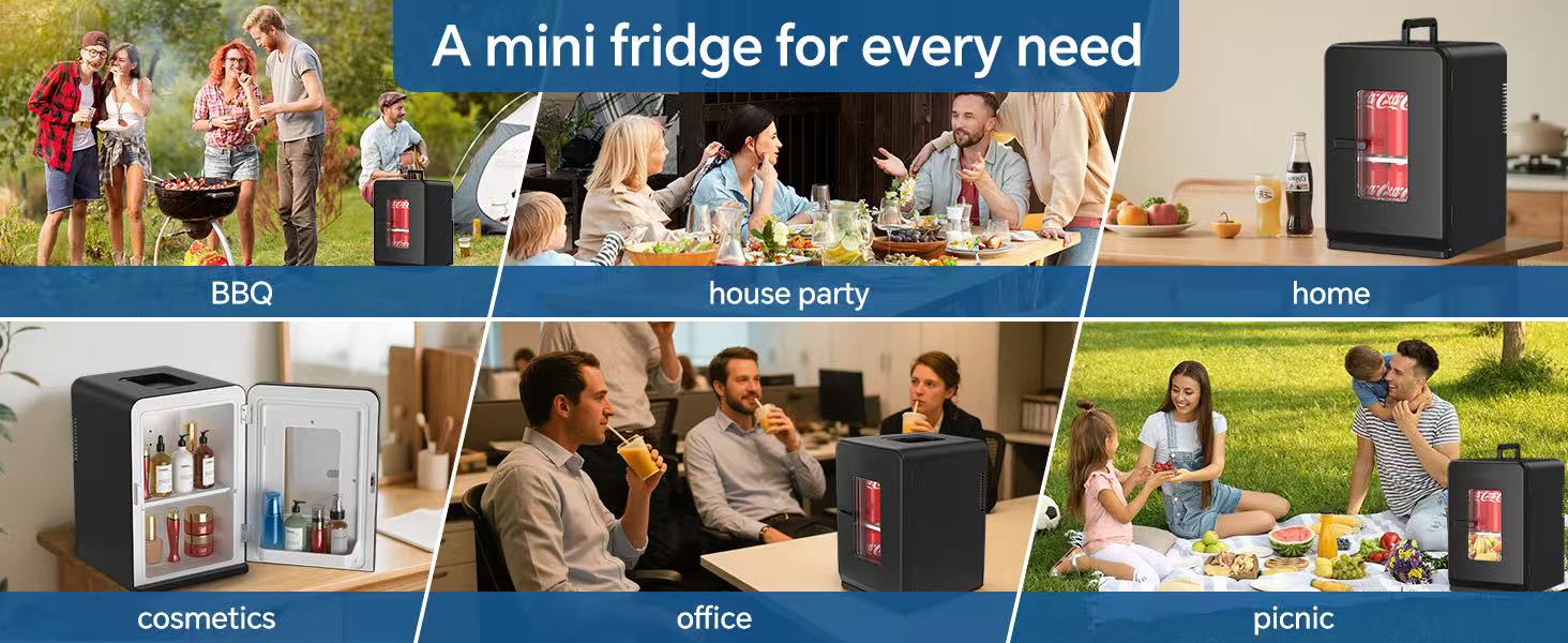 Text reads 'Compact Mini Refrigerator ideal for home and outdoor use'. Portable black refrigerator shown in outdoor camping setting with tent and people in background.