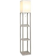 Brightech Aria Metal & Wooden Shelf Floor Lamp with Wireless Charging Station– Narrow Free Standi...