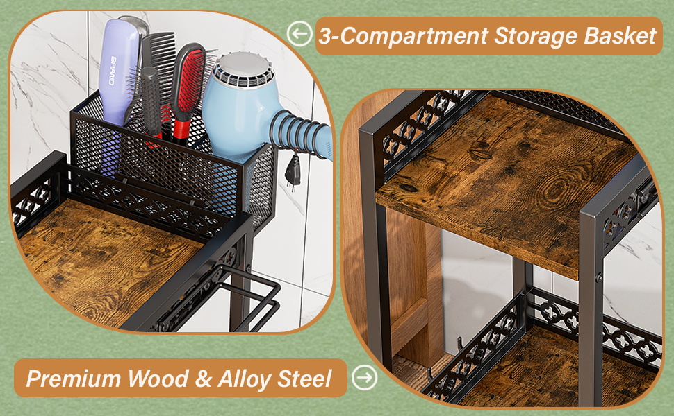 This bathroom organizer rack combines practical storage with a rustic decorative farmhouse style