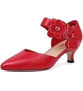 RIBONGZ Women's Low Kitten Heel Pumps Comfortable Pointed Toe Dress Shoes Flower Strap Slip On Dr...