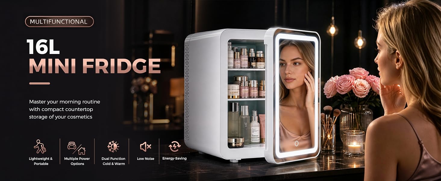 Mini Skincare Fridge with Dimmable LED Mirror