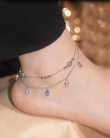 FANCIME Anklet Bracelets For Women, 925 Sterling Silver Infinity Layered Anklet Adjustable Turquo...