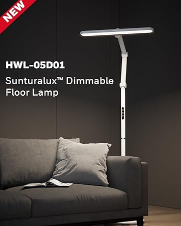 White floor lamp with adjustable arm and head, labeled as 'HWL-F01 Dimmable Swing Arm Floor Lamp'. Shown in a bedroom setting next to a bed.