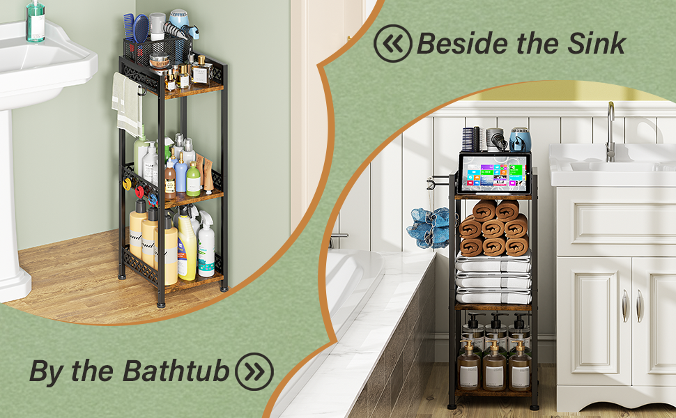This versatile storage shelf also fits perfectly beside the kitchen stove or bedroom vanity