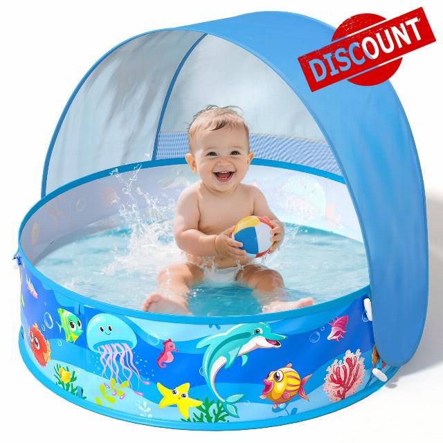 Baby Pool with Canopy Foldable Kiddie Pool with Sun Shade Pools for Toddlers Baby Beach Essentials Pop Up Tent Swimming Wading Pools Portable Summer Water Play for Indoor Outdoor Beach Backyards