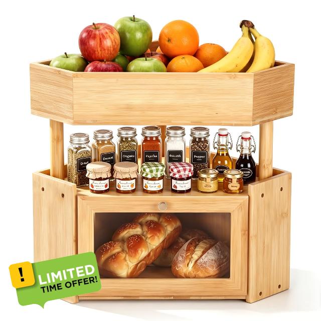 SiliFine 2 Tier Corner Bamboo Bread Box Fruit Basket for Kitchen Countertop Large Capacity Farmhouse Bread Box with Window Fruit Stand Holder Vegetable Container Storage Bin Pantry Shelf