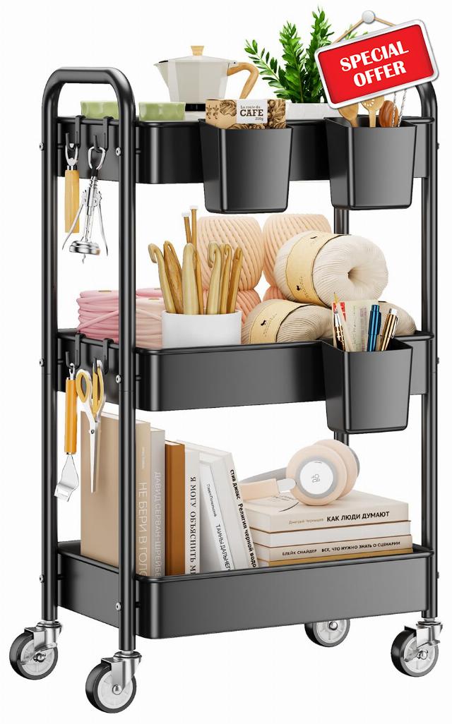 YASONIC 3 Tier Rolling Cart - Metal Utility Cart with Wheels