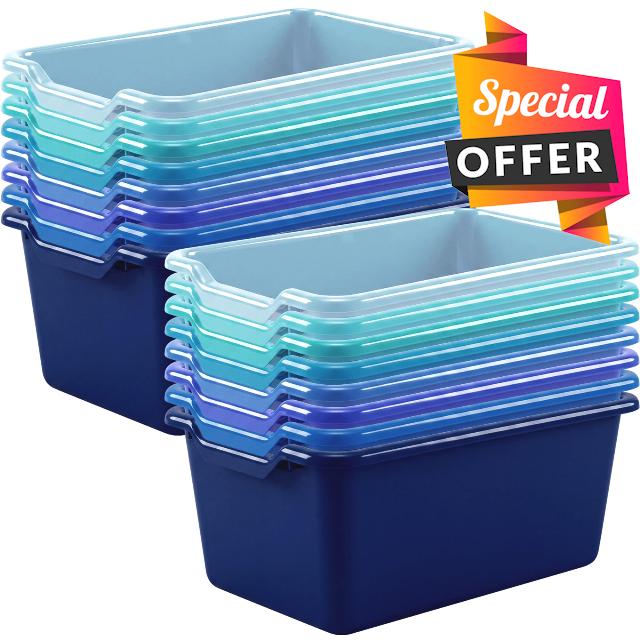 Dandat 16 Pcs Plastic Book Bins for Classroom Library Cubby Bins Scoop Front Stackable Toy Storage Tubs Containers for School Office Home Nursery Playroom Organization (Blue Series)