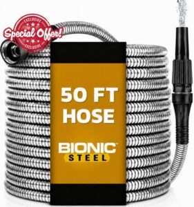 BIONIC STEEL 50 Ft Metal Garden Hose with Sprayer Nozzle | Non Kinking Design