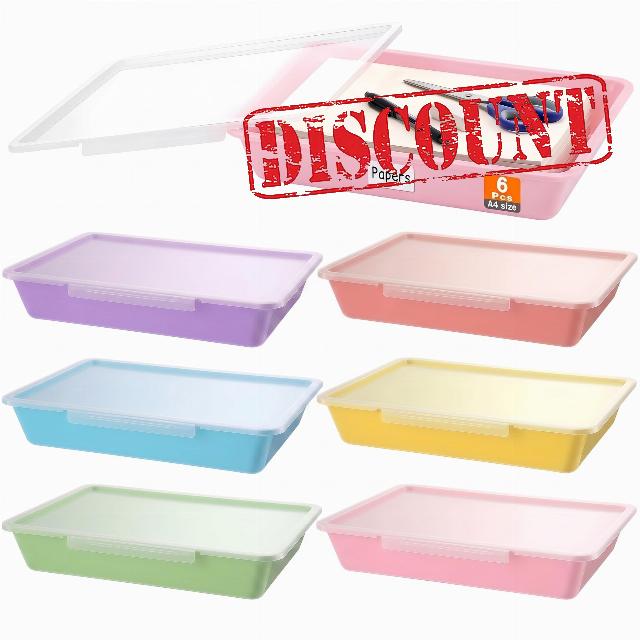 Tinlade 6 Pcs Paper Storage Bin Classroom with Clear Latching Lid Label Colored Plastic Stackable Letter Size Storage Tray Container Office School Teacher Homeschool Arts Craft Sorting(13x10