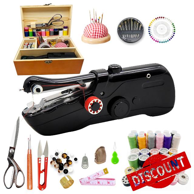 Handheld Sewing Machine with Exquisite Wooden Storage Box & 142-Piece Sewing Kit - Electric Switch