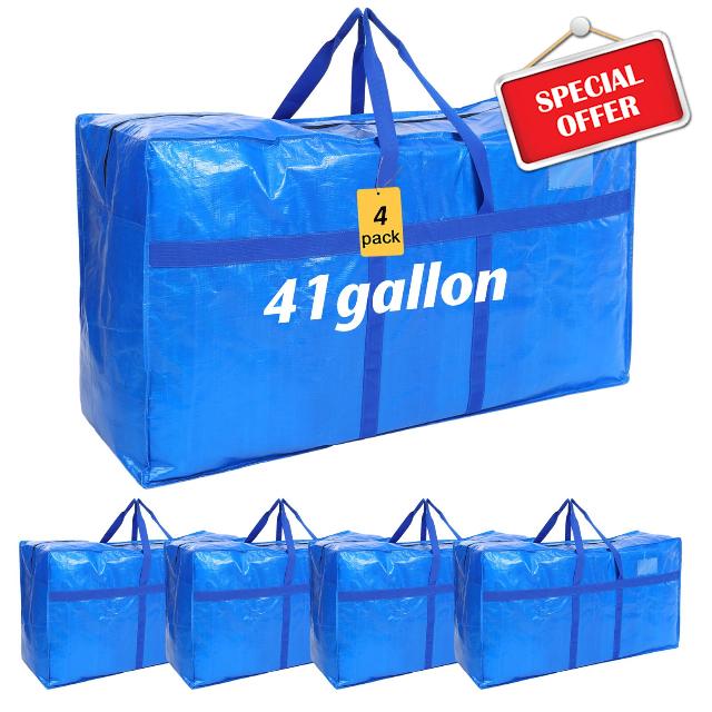 Windyun 4 Pack 41 Gallon Extra Large Moving Bags XXL Heavy Duty Storage Bag with Strong Zipper Handle Jumbo Big Tote Box Foldable for College Dorm Travel Clothes Duffle Blanket Pillow(Blue)