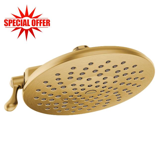 Moen Velocity Brushed Gold Two-Function Rainshower 8-Inch Shower Head with Immersion Technology for a High-Pressure Rinse