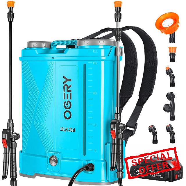 OGERY Battery Powered Sprayer 4 Gallon | 2.6Ah 21V Pump Sprayer with 6 Nozzles