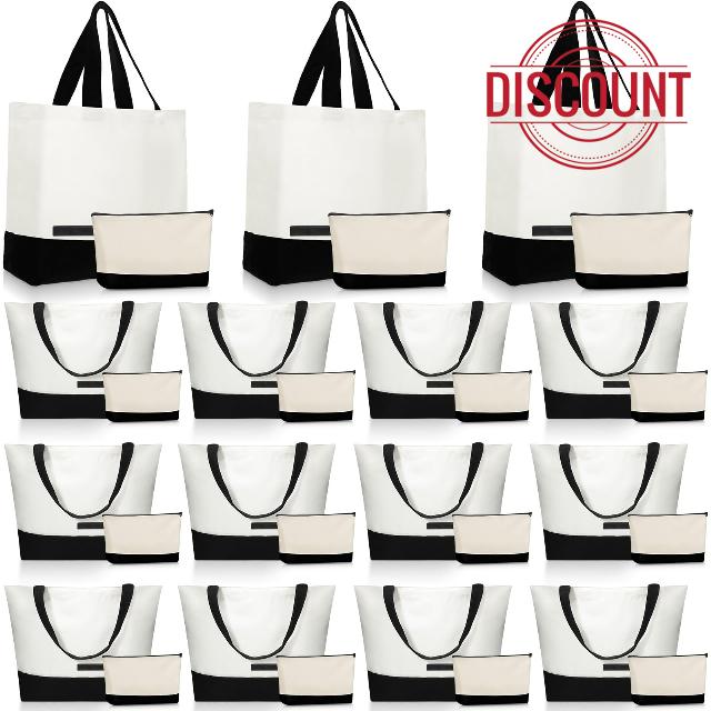 Sanwuta 30 Pcs Canvas Tote Bags Bulk with Zipper Cosmetic Pouch 18.5" Reusable Cotton Shopping Bag with Handle for DIY Craft (Black)