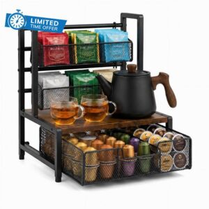 3 Tier Coffee Station Organizer with Drawer and Hanging Baskets