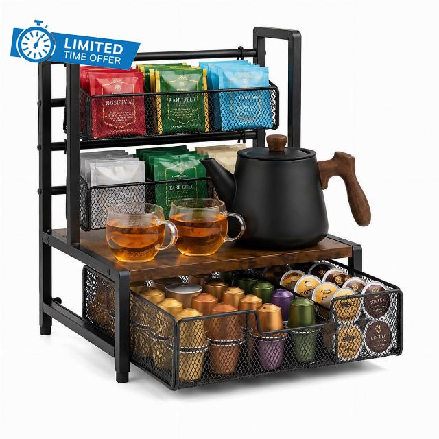 3 Tier Coffee Station Organizer with Drawer and Hanging Baskets