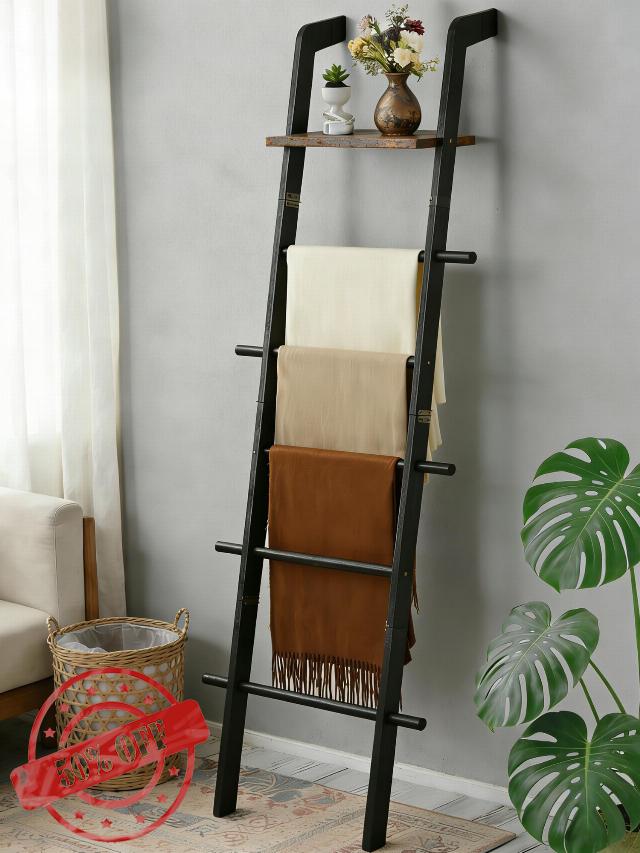 Taozun Black Blanket Ladder with Shelf for Living Room
