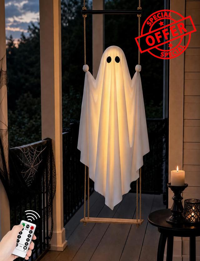 Halloween Decorations Outdoor 3.7FT Pre-Assembled Hanging Swing Ghost with Remote Lights Spooky Hanging Ghosts for Porch Yard Tree Party