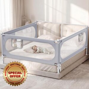 3-Side Queen Size Bed Rail for Toddlers with Headboard Rod