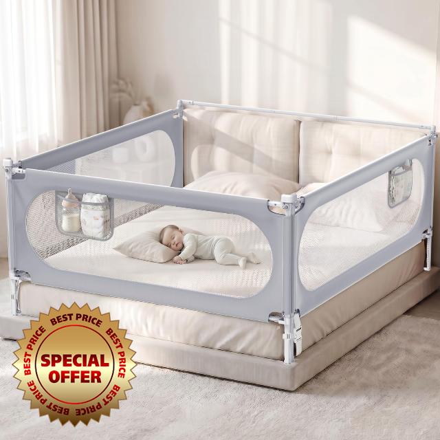 3-Side Queen Size Bed Rail for Toddlers with Headboard Rod