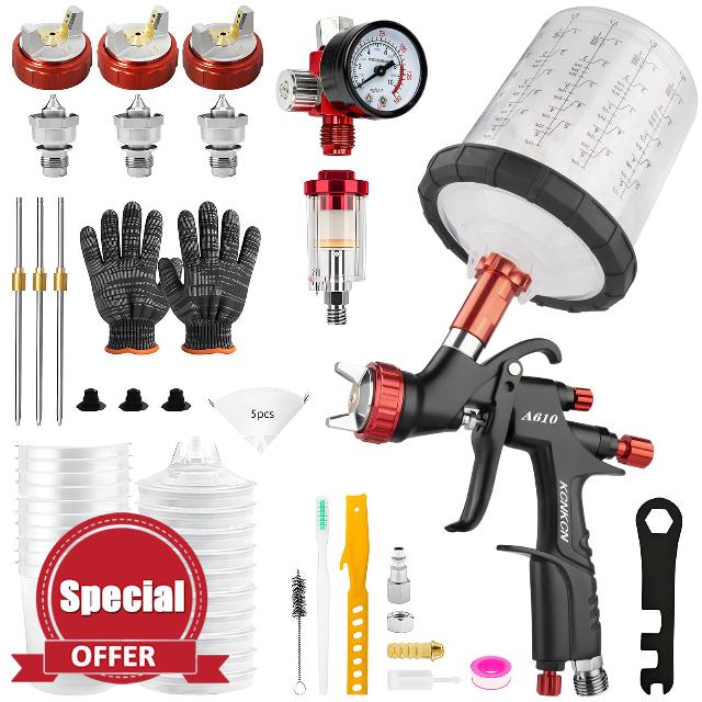 R500 LVLP Air Spray Gun Kit with 10Pcs 22 Ounce Disposable Paint Cups &1.3/1.5/1.7mm Nozzles