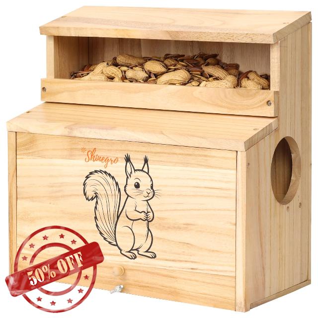 Pine Wood Squirrel House Feeder Outdoor Nesting Box for Habitat Residence (House with Feeder)