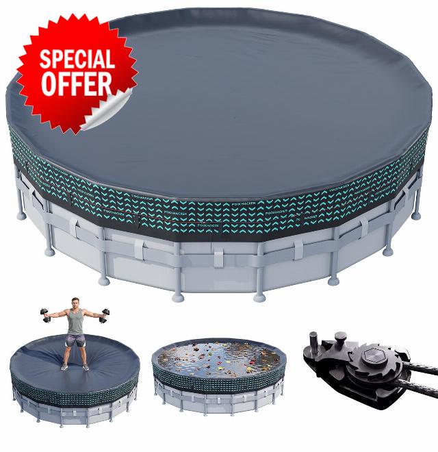 POOLHACKER 550D Pool Cover 10FT Round for Above Ground Pools [2026 Upgraded Heavy-Duty Fabric] Windproof Swimming Pool Cover with Steel Cable & Pulley System
