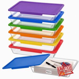 Tinlade 6 Pack Classroom Clear Paper Storage Bins with Latching Lids & Label