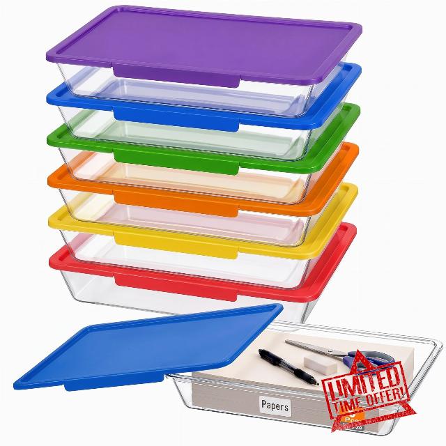 Tinlade 6 Pack Classroom Clear Paper Storage Bins with Latching Lids & Label