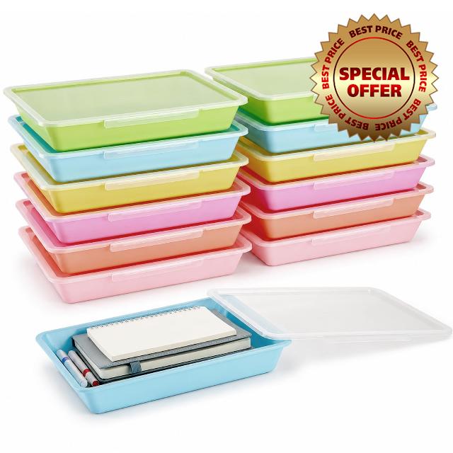 12 Pack Flat Storage Paper Tray with Clear Latching Lid Letter Size Organizer Bin Tray Plastic Latching File Organizer for Classroom Library School Office Teacher Desktop Book Organization (Pastel)