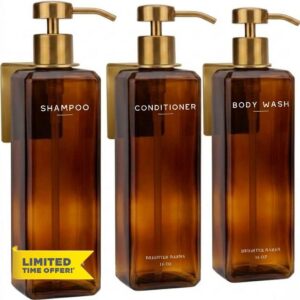 Luxury Shampoo and Conditioner Dispenser Set Wall Mounted by Brighter Barns - Shower Soap Dispensers with Drill Free Wall Mounts - Refillable Shampoo Bottles for Airbnb