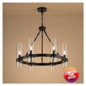 22 Inch Black Wagon Wheel Chandelier with Glass Shade