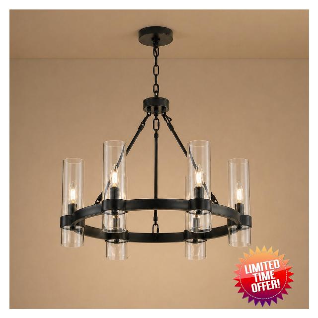 22 Inch Black Wagon Wheel Chandelier with Glass Shade
