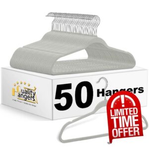 Quality Hangers 50 Pack Plastic Hangers for Clothes - Slim Non-Velvet Hangers with 360° Swivel Chrome Hook & Non Slip Notches - Ideal for Dresses Coats Shirts Jackets & More - Gray (Gray