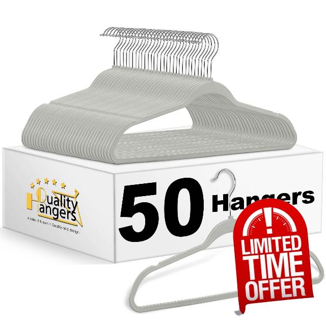 Quality Hangers 50 Pack Plastic Hangers for Clothes - Slim Non-Velvet Hangers with 360° Swivel Chrome Hook & Non Slip Notches - Ideal for Dresses Coats Shirts Jackets & More - Gray (Gray