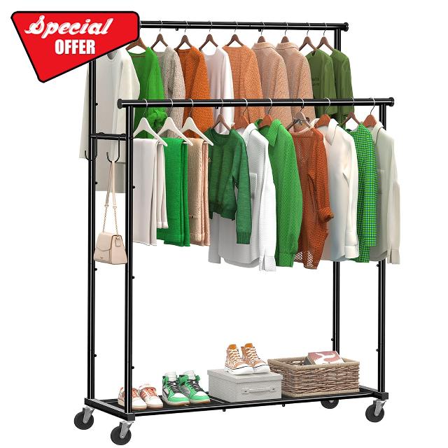 Ekisemio Double Rods Clothes Rack with Wheels Load 400 LBS