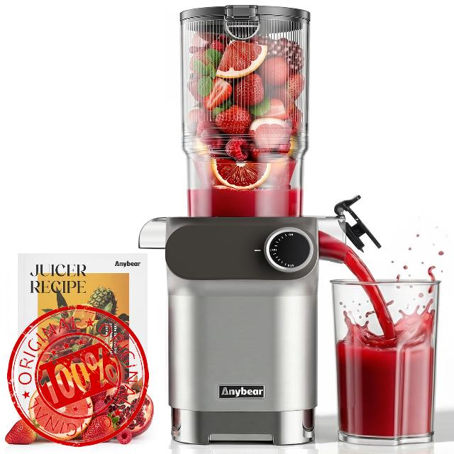 Anybear Cold Press Juicer 200W Masticating Slow Juicer 4.3" Large Feed Chute Fit Whole Fruits Vegetables | Upgraded Auger | Tritan Material | BPA Free | Juice Recipes (Silver Gray)