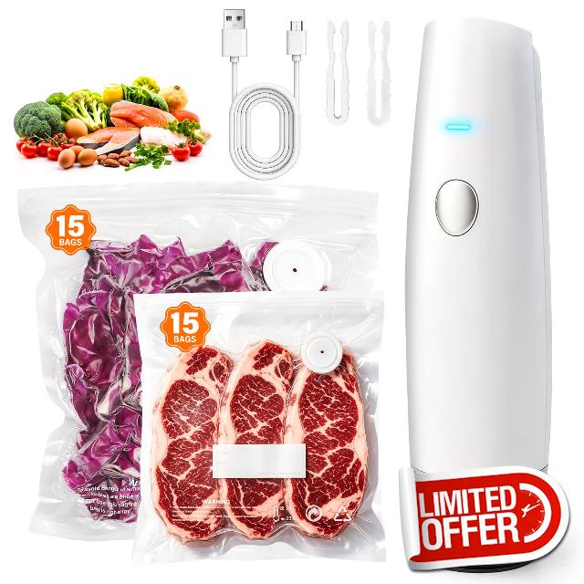 -80kPa Compact Vacuum Sealer for Food (Vacuum Sealer Machine + 30 Reusable Bags)