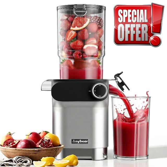 Anybear Cold Press Juicer 200W Masticating Slow Juicer 4.3" Large Feed Chute Fit Whole Fruits Vegetables | Upgraded Auger | Tritan Material | BPA Free | Juice Recipes (Silver Gray)