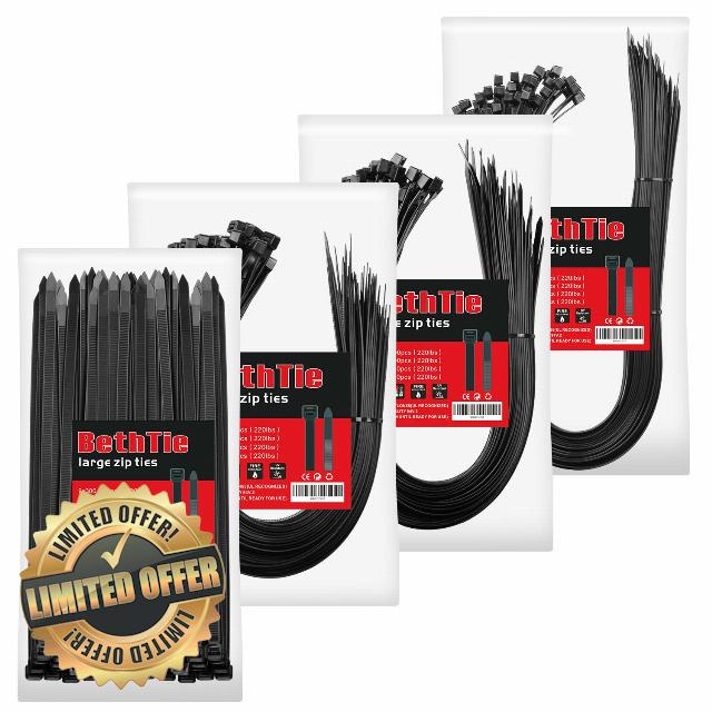 BethTie 300Pcs Zip Ties Heavy Duty (12"+20"+26"+36")