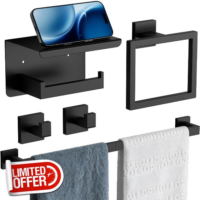 5-Piece Matte Black Bathroom Towel Bar Set