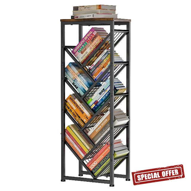 Cutogxon Tree Bookshelf - 9 Tier Visual Metal Floor Standing Book Shelf with Wooden Top for Living Room Bedroom Black